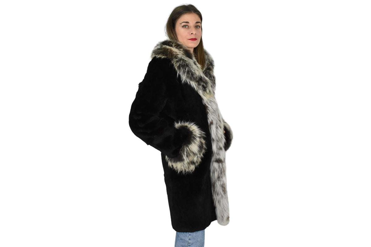 Rex rabbit Fur with Fox Fur Coat | Black Fur Coat | Women Fur Coat | Luxury Gift For Her