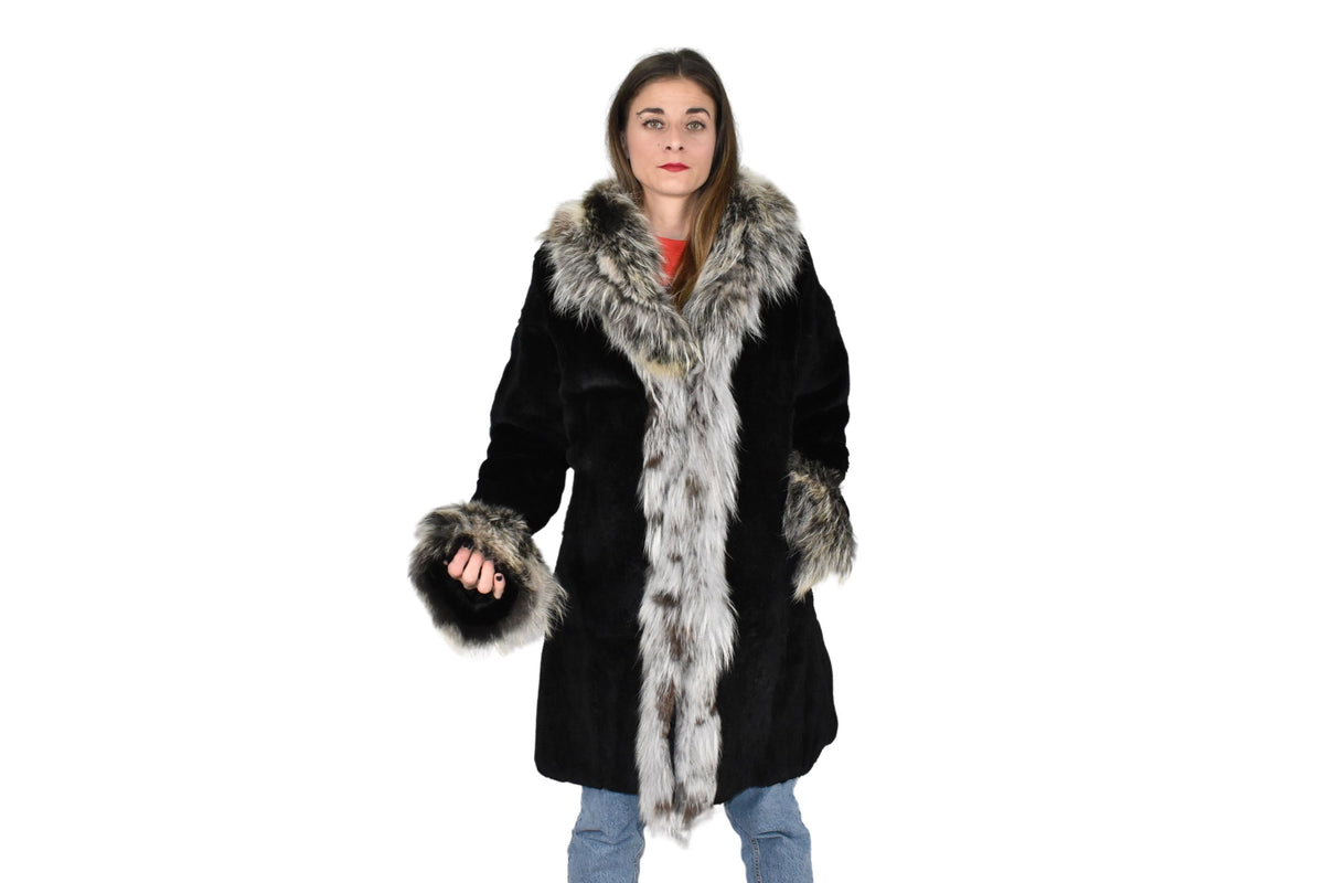 Rex rabbit Fur with Fox Fur Coat | Black Fur Coat | Women Fur Coat | Luxury Gift For Her
