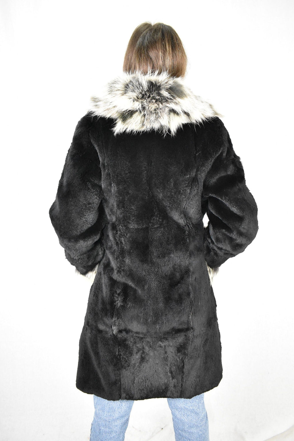 Rex rabbit Fur with Fox Fur Coat | Black Fur Coat | Women Fur Coat | Luxury Gift For Her
