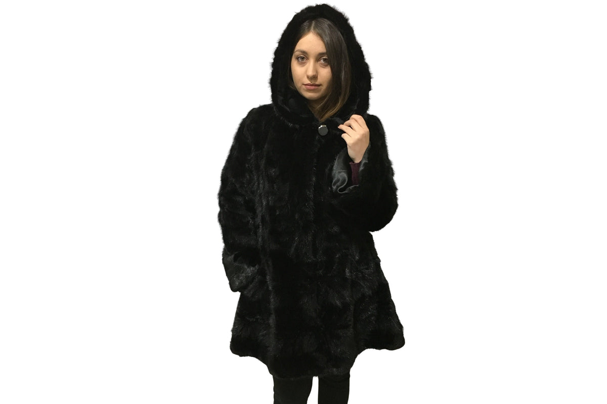 Mink Coat With Hood  | Slim Fit Hooded Mink Coat | Black Mink Coat with  Hood | Premium Real Mink Fur Pelt | Luxury Fur Gift For Women