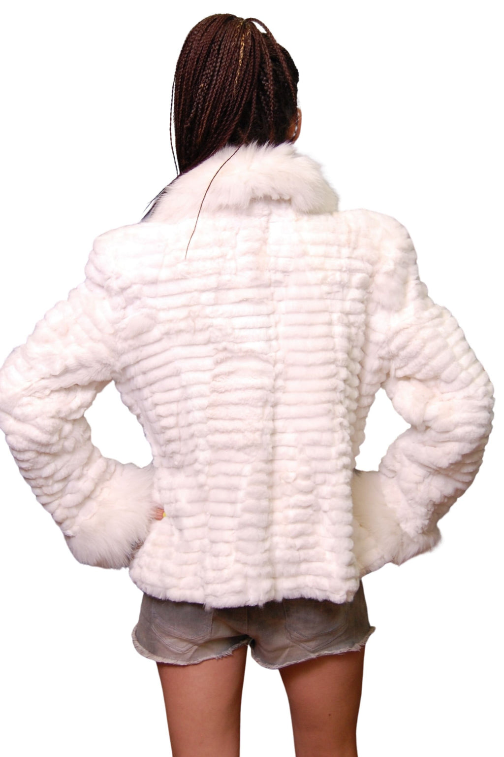 White Fur Rabbit Jacket with Fox Fur Collar And Cuffs | Sheared Rabbit fur Jacket | White Fur jacket | Fox Fur Collar | Fox Fur Cuffs