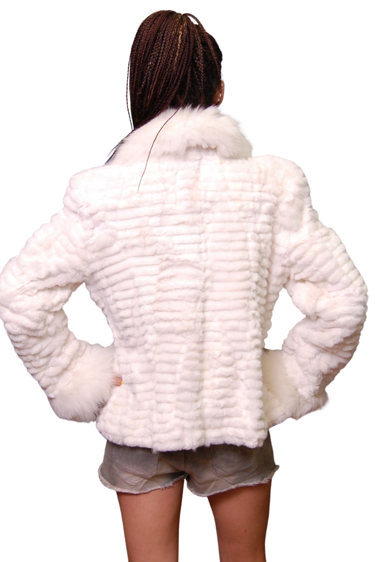 White Fur Rabbit Jacket with Fox Fur Collar And Cuffs | Sheared Rabbit fur Jacket | White Fur jacket | Fox Fur Collar | Fox Fur Cuffs