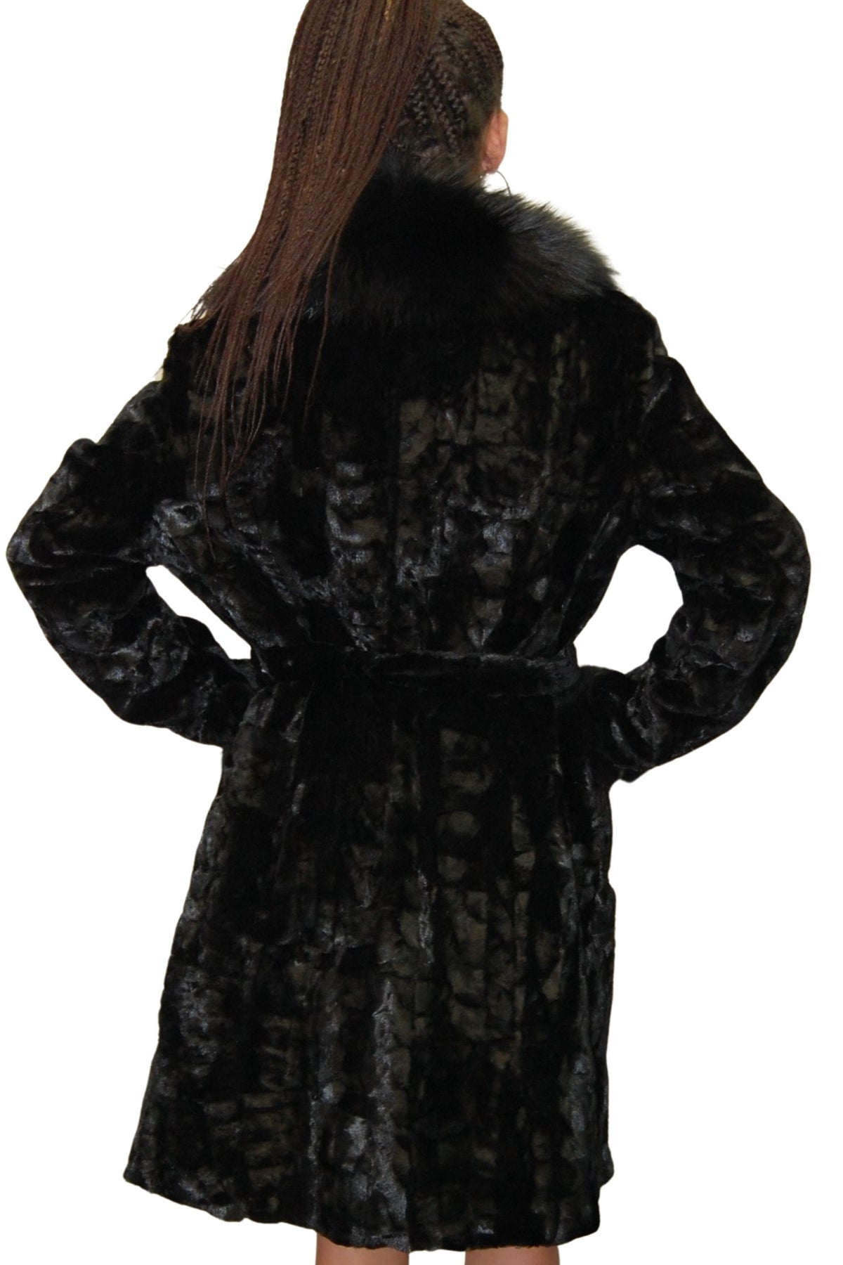 Black Mink Coat with Fox Fur | Mink Coat with Fox Fur Collar ,Cuffs And Frontline | Women Fur Coat | Slim Fit  Mink Coat | Gift For Her