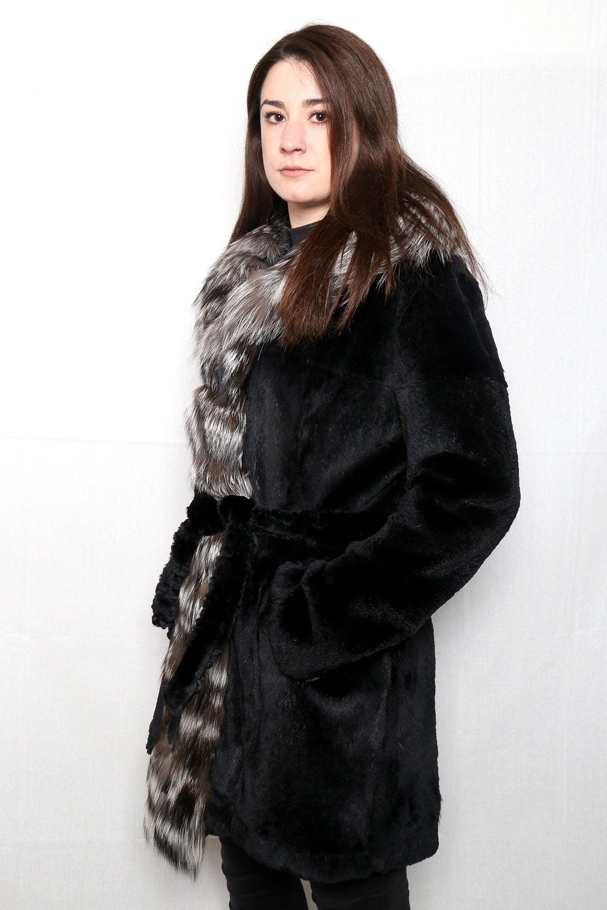 Sheared Rabbit Fur Coat With Silver Fox Fur Collar And Frontline | Luxury Black Fur Coat | Silver Fox Fur Collar | Gift For Her