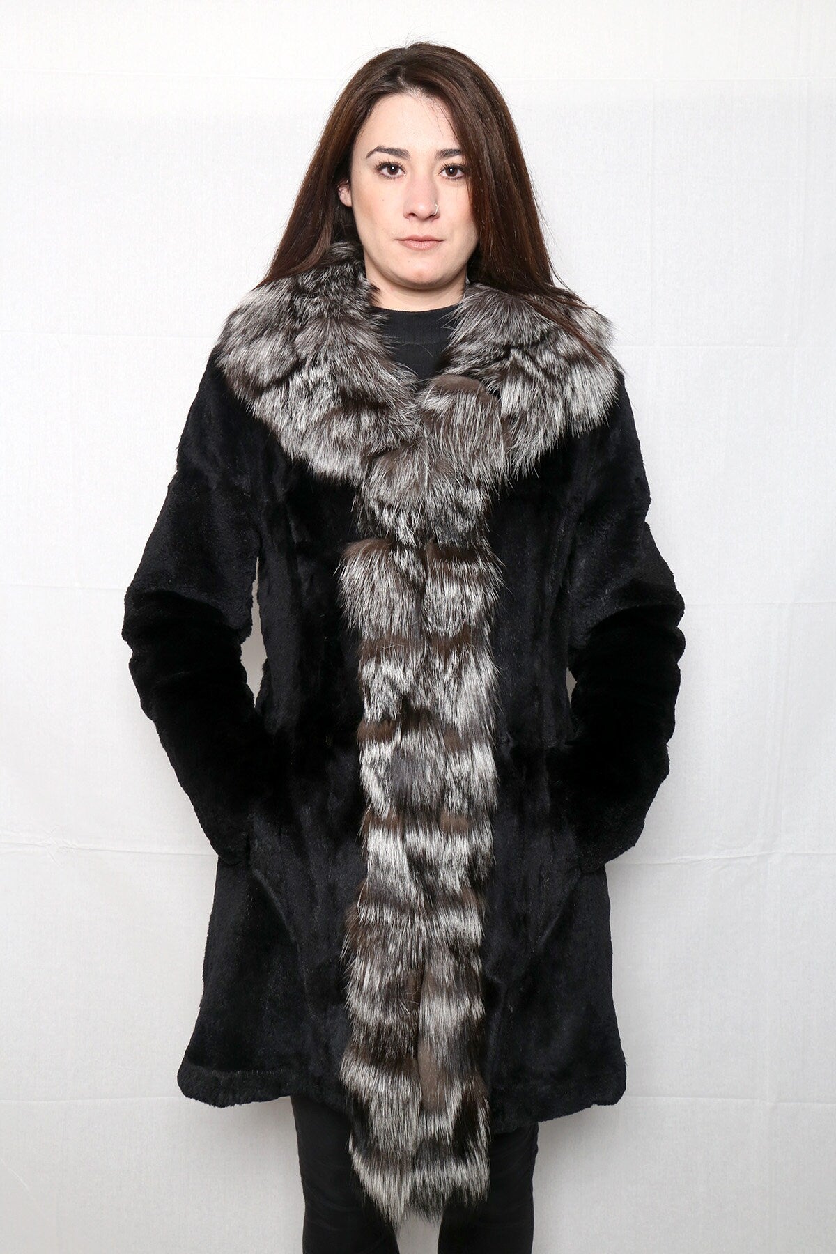 Sheared Rabbit Fur Coat With Silver Fox Fur Collar And Frontline | Luxury Black Fur Coat | Silver Fox Fur Collar | Gift For Her
