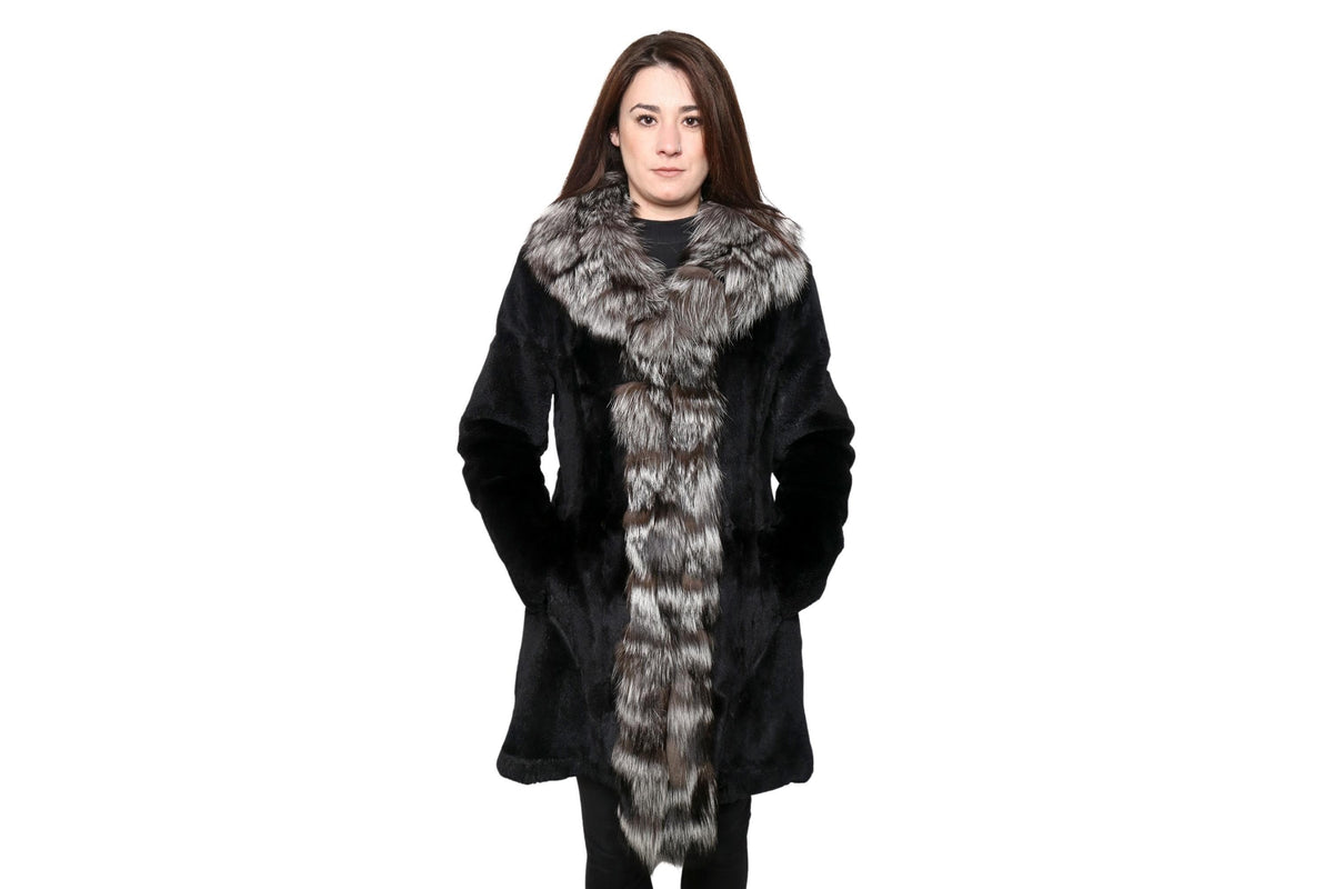 Sheared Rabbit Fur Coat With Silver Fox Fur Collar And Frontline | Luxury Black Fur Coat | Silver Fox Fur Collar | Gift For Her