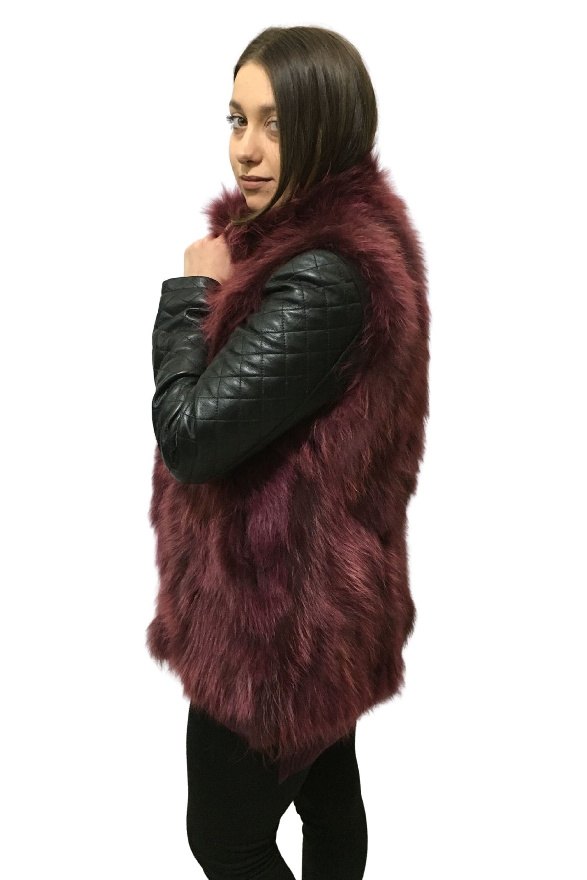 Amazing  Fur Vest | Fin  Raccoon Long Fur Vest | Bordeaux  Fur vest  | Luxury Fur Vest