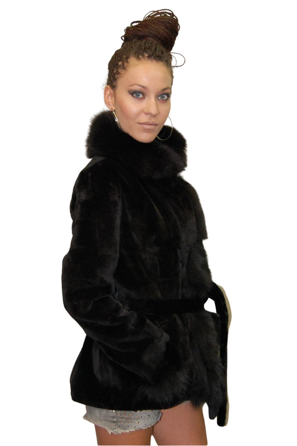 Sheared Beaver Fur Jacket  with Fox Fur collar and cuffs | Black Fur Jacket | Sheared fur jacket | Fox Fur Collar And Cuffs