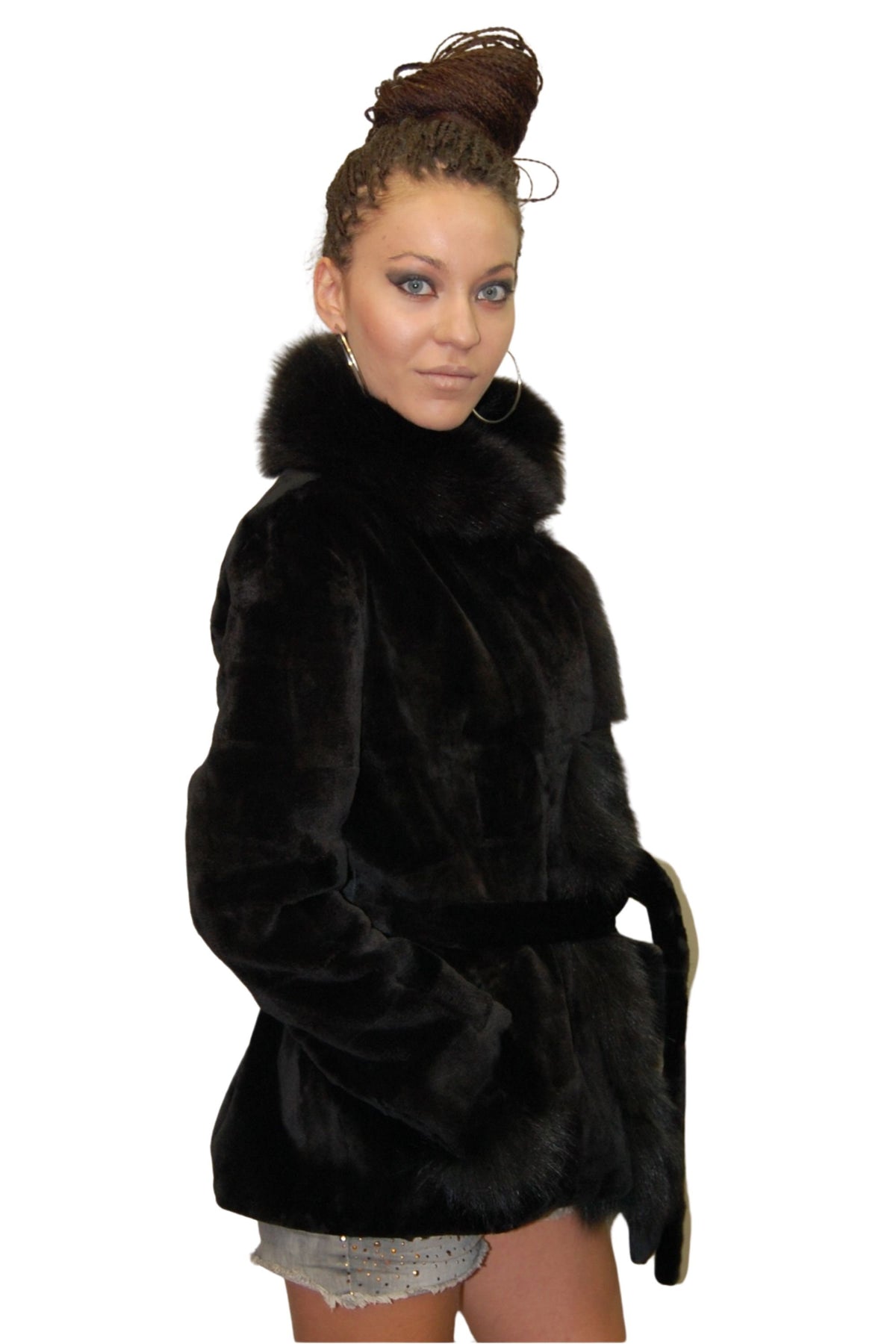 Sheared Beaver Fur Jacket  with Fox Fur collar and cuffs | Black Fur Jacket | Sheared fur jacket | Fox Fur Collar And Cuffs