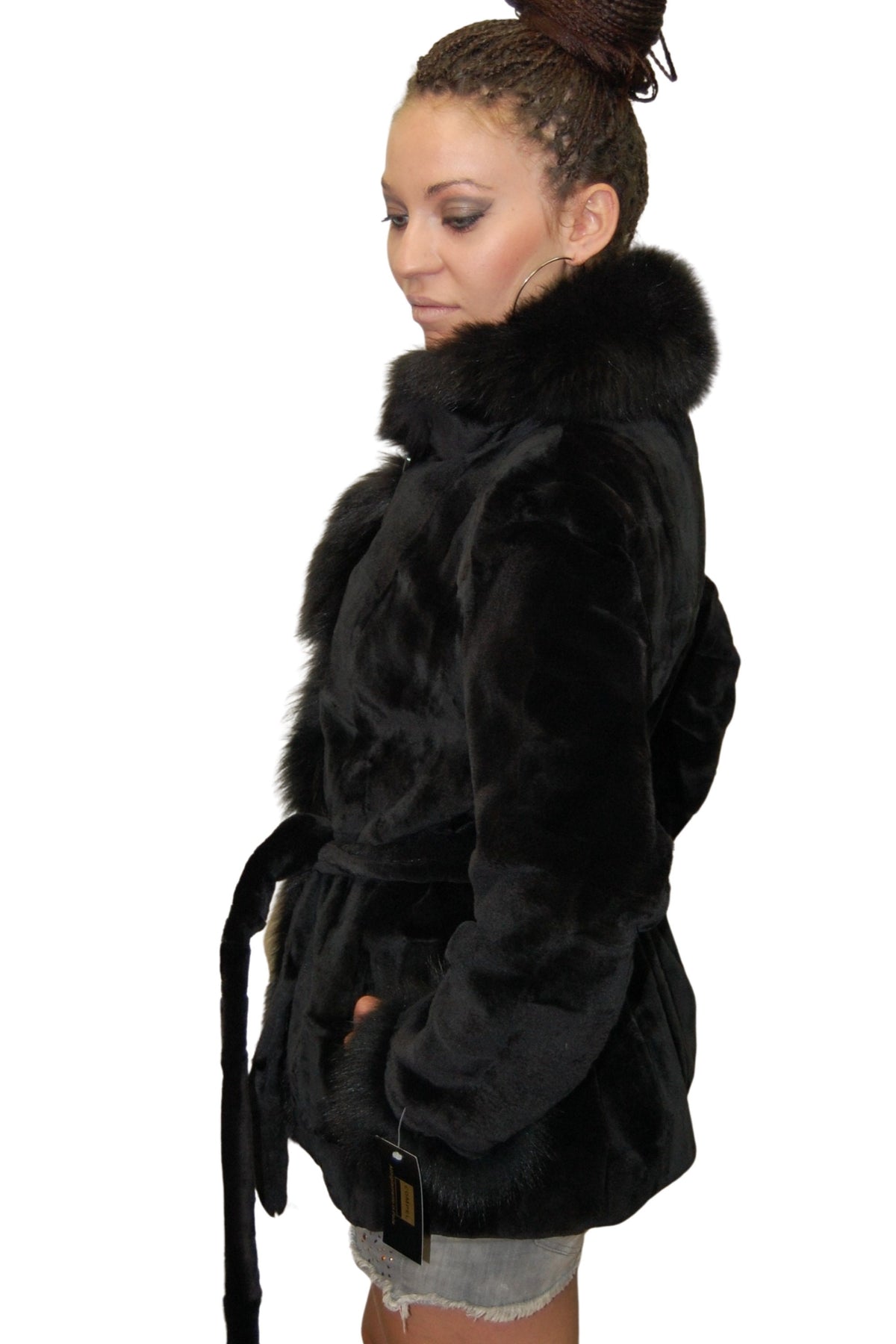Sheared Beaver Fur Jacket  with Fox Fur collar and cuffs | Black Fur Jacket | Sheared fur jacket | Fox Fur Collar And Cuffs
