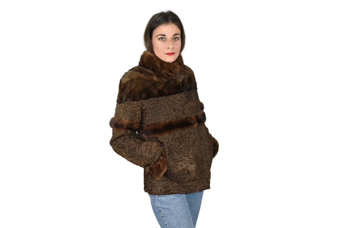 Brown Swakara Fur Jacket With Mink Fur Details | Swakara And Mink Jacket Brown Color | Mink Fur Jacket | Luxury Fur For Gift