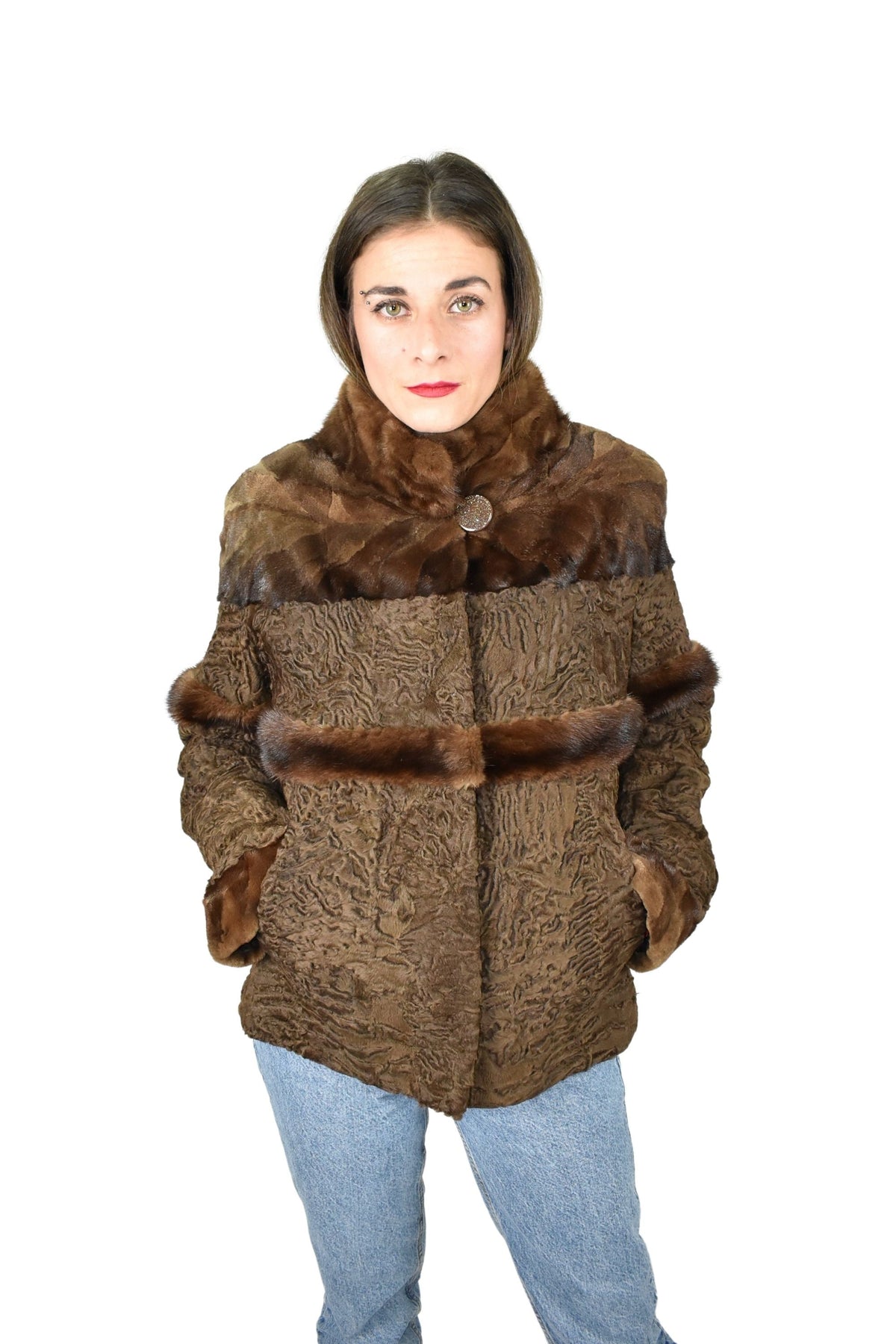 Brown Swakara Fur Jacket With Mink Fur Details | Swakara And Mink Jacket Brown Color | Mink Fur Jacket | Luxury Fur For Gift