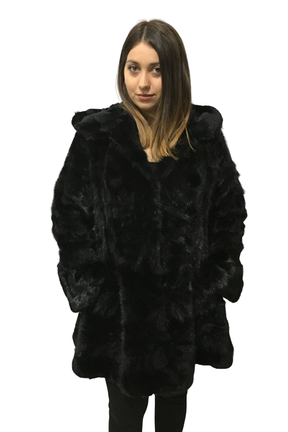 Mink Coat With Hood  | Slim Fit Hooded Mink Coat | Black Mink Coat with  Hood | Premium Real Mink Fur Pelt | Luxury Fur Gift For Women