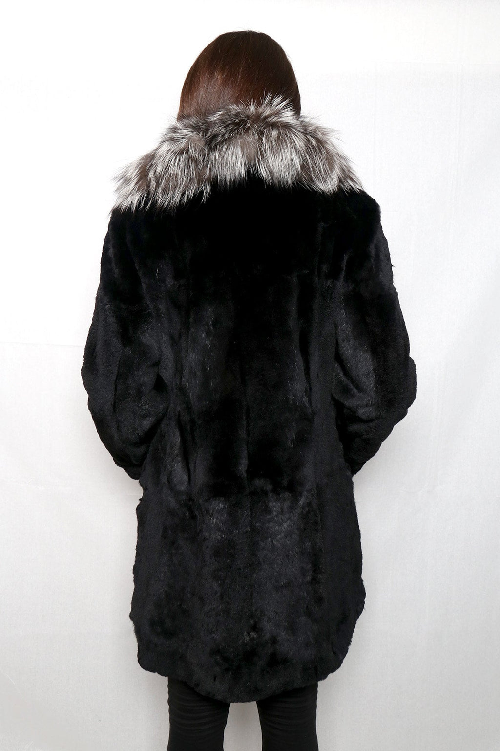 Sheared Rabbit Fur Coat With Silver Fox Fur Collar And Frontline | Luxury Black Fur Coat | Silver Fox Fur Collar | Gift For Her