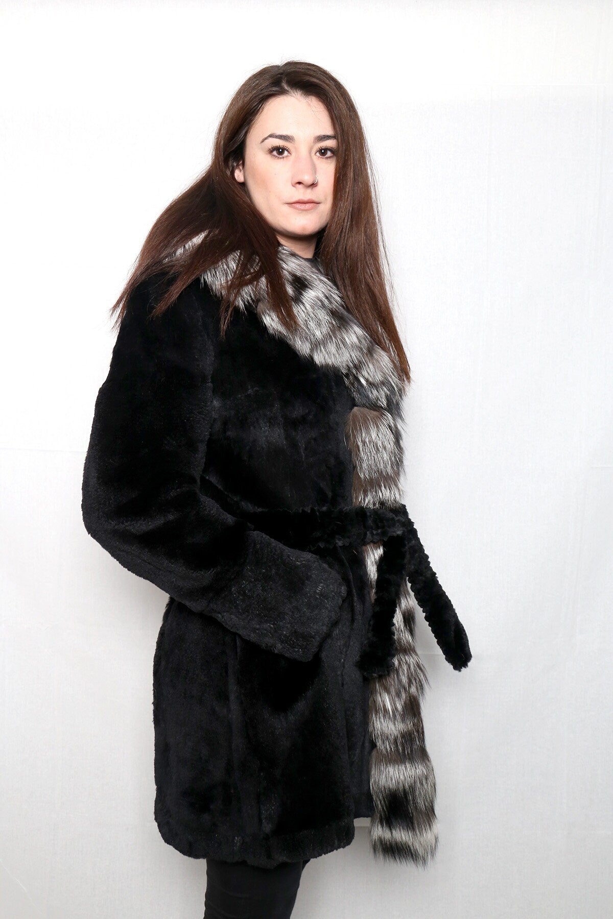 Sheared Rabbit Fur Coat With Silver Fox Fur Collar And Frontline | Luxury Black Fur Coat | Silver Fox Fur Collar | Gift For Her