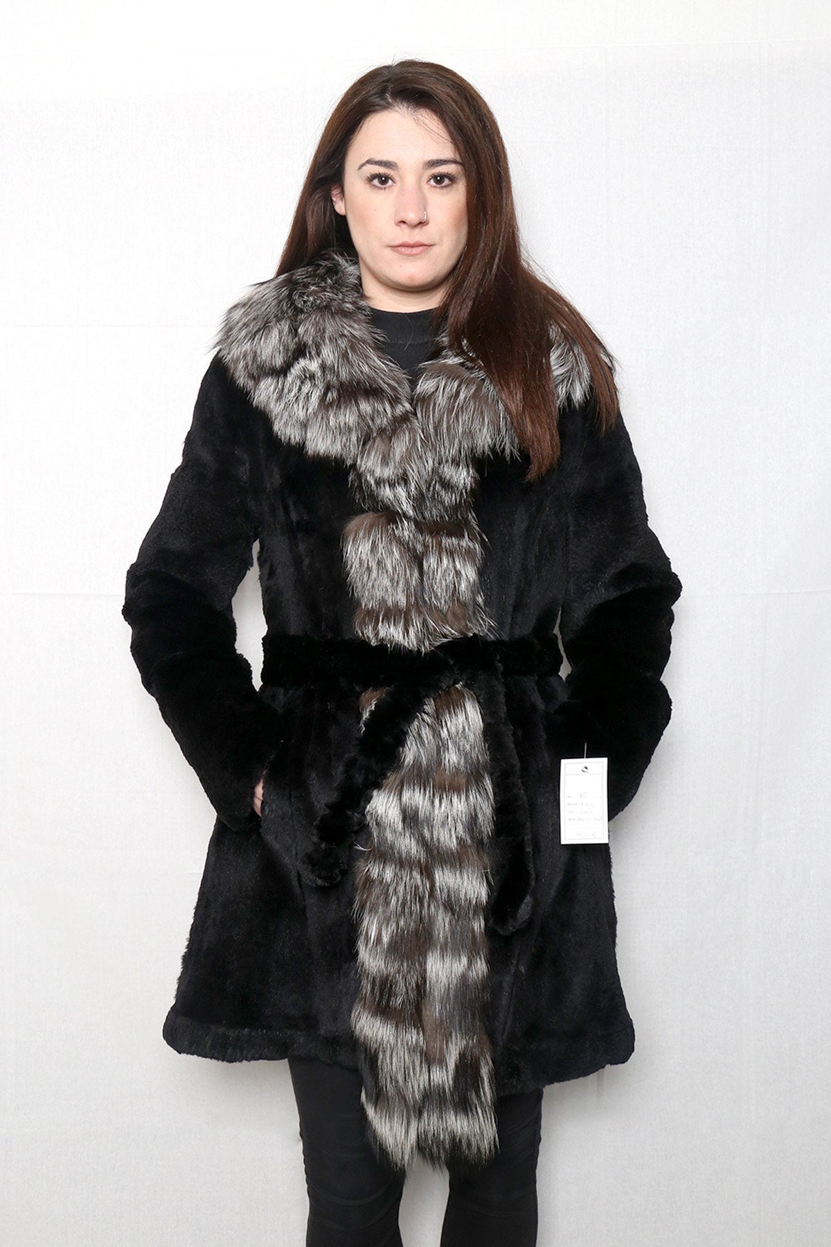Sheared Rabbit Fur Coat With Silver Fox Fur Collar And Frontline | Luxury Black Fur Coat | Silver Fox Fur Collar | Gift For Her