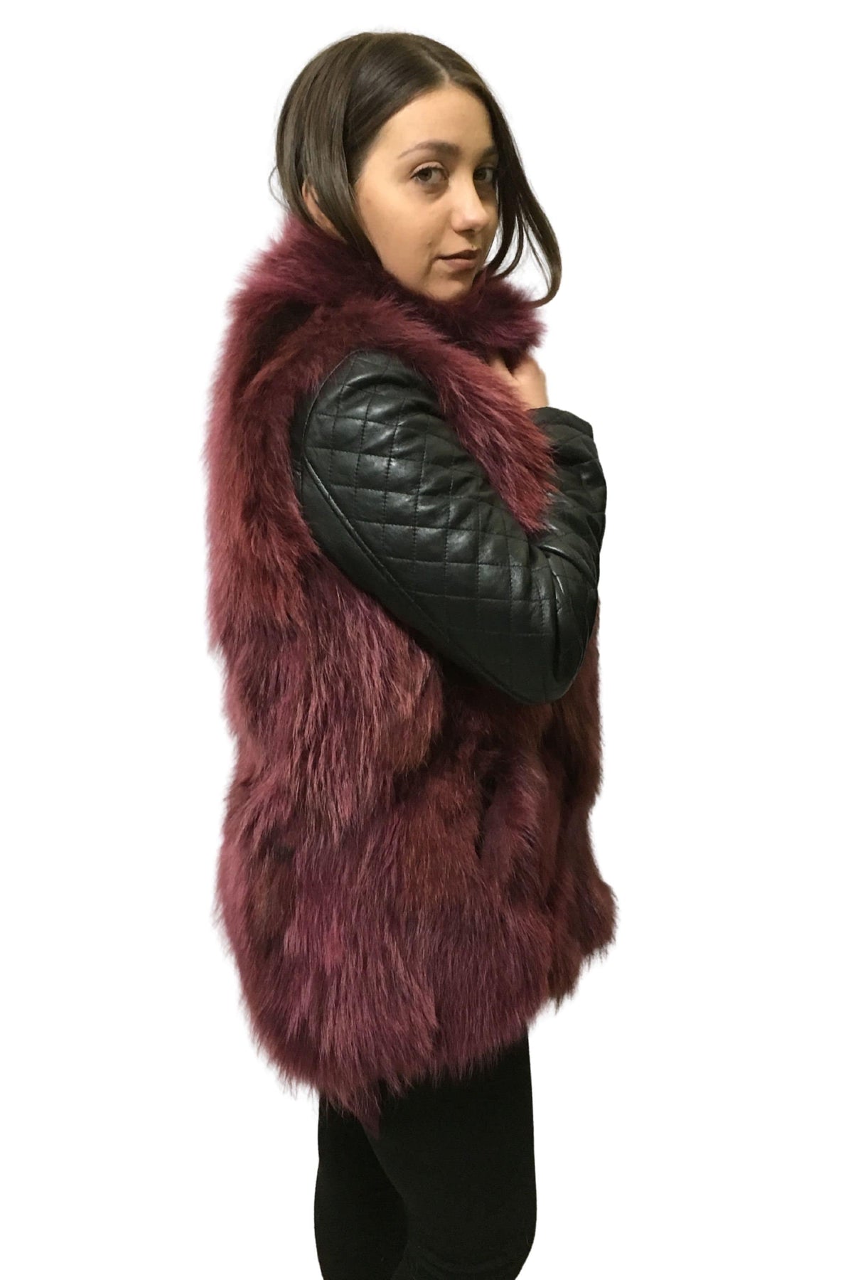 Amazing  Fur Vest | Fin  Raccoon Long Fur Vest | Bordeaux  Fur vest  | Luxury Fur Vest