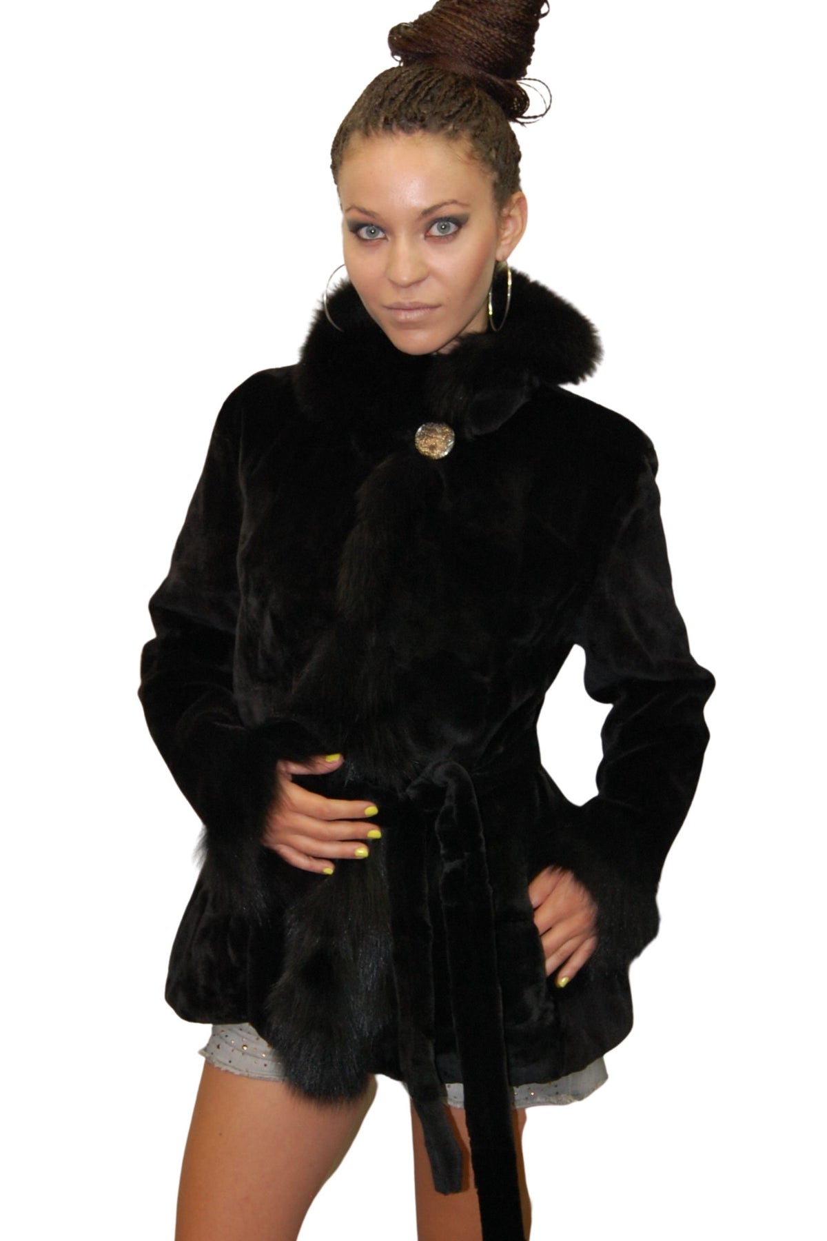 Sheared Beaver Fur Jacket  with Fox Fur collar and cuffs | Black Fur Jacket | Sheared fur jacket | Fox Fur Collar And Cuffs