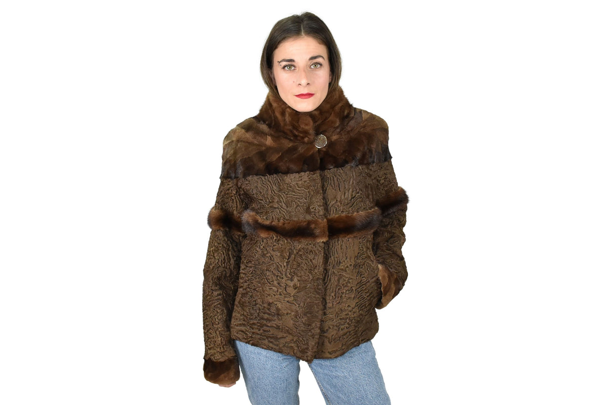 Brown Swakara Fur Jacket With Mink Fur Details | Swakara And Mink Jacket Brown Color | Mink Fur Jacket | Luxury Fur For Gift