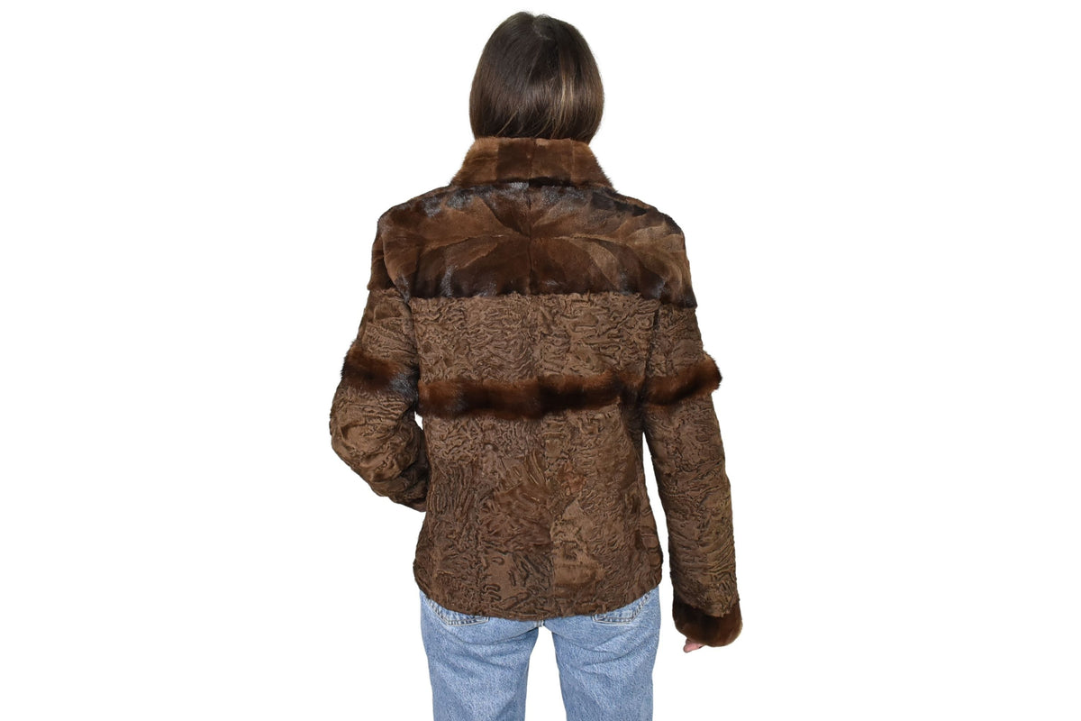 Brown Swakara Fur Jacket With Mink Fur Details | Swakara And Mink Jacket Brown Color | Mink Fur Jacket | Luxury Fur For Gift