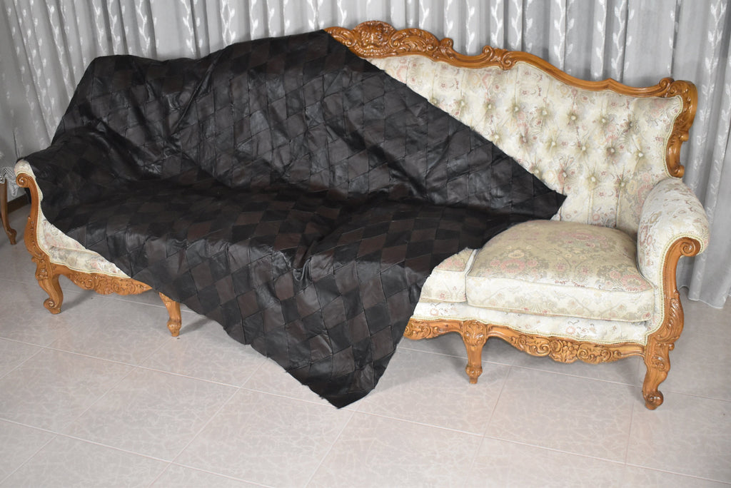 Natural Leather Sofa Throw | Leather Blanket | Black and Brown  handmade Sofa Slipcover | Sofa Cover | leather With Fur Sofa Cover Throw