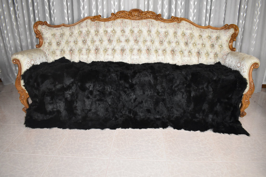 Genuine  Fur Blanket | Toscana  Sheepskin Lamp  Fur Throw | Black Fur Fur Bed spread |Sofa Throw Rug Blanket Rug Black    Large Rug