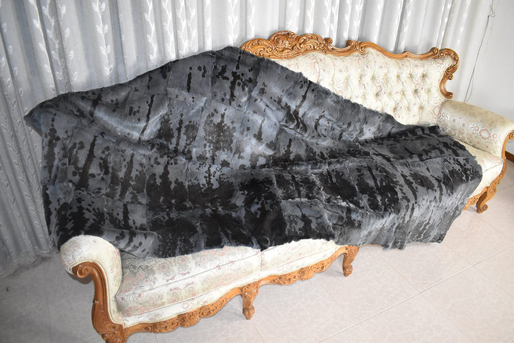 Sheared Rabbit Fur Throw Blanket: Black Velvet Lining