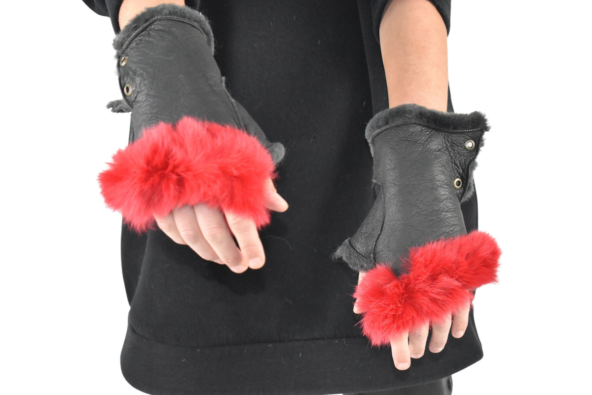 Shearling fur gloves ,Fingerless Gloves |  leather gloves , sheepskin with rabbit gloves ,fur gloves