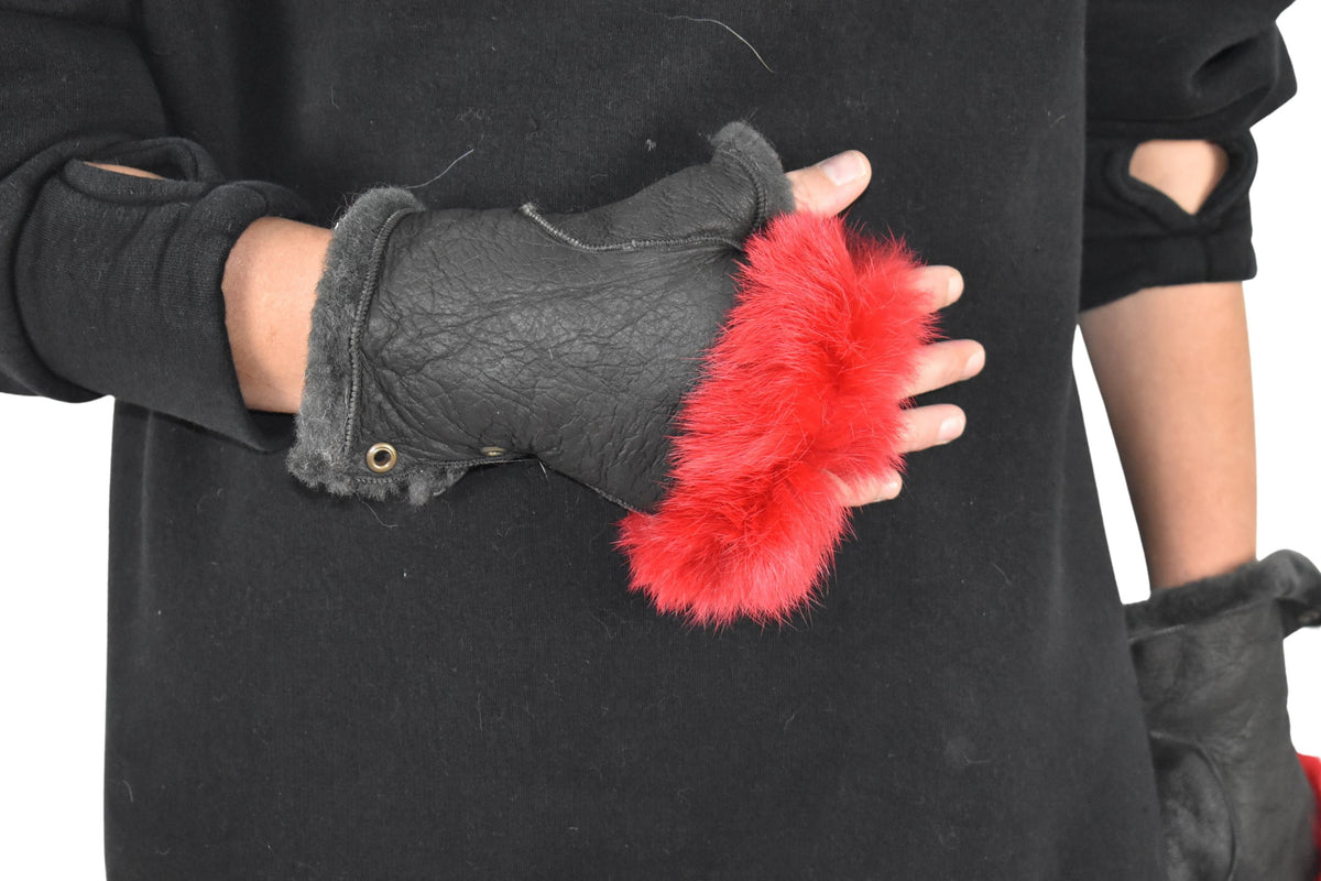 Shearling fur gloves ,Fingerless Gloves |  leather gloves , sheepskin with rabbit gloves ,fur gloves