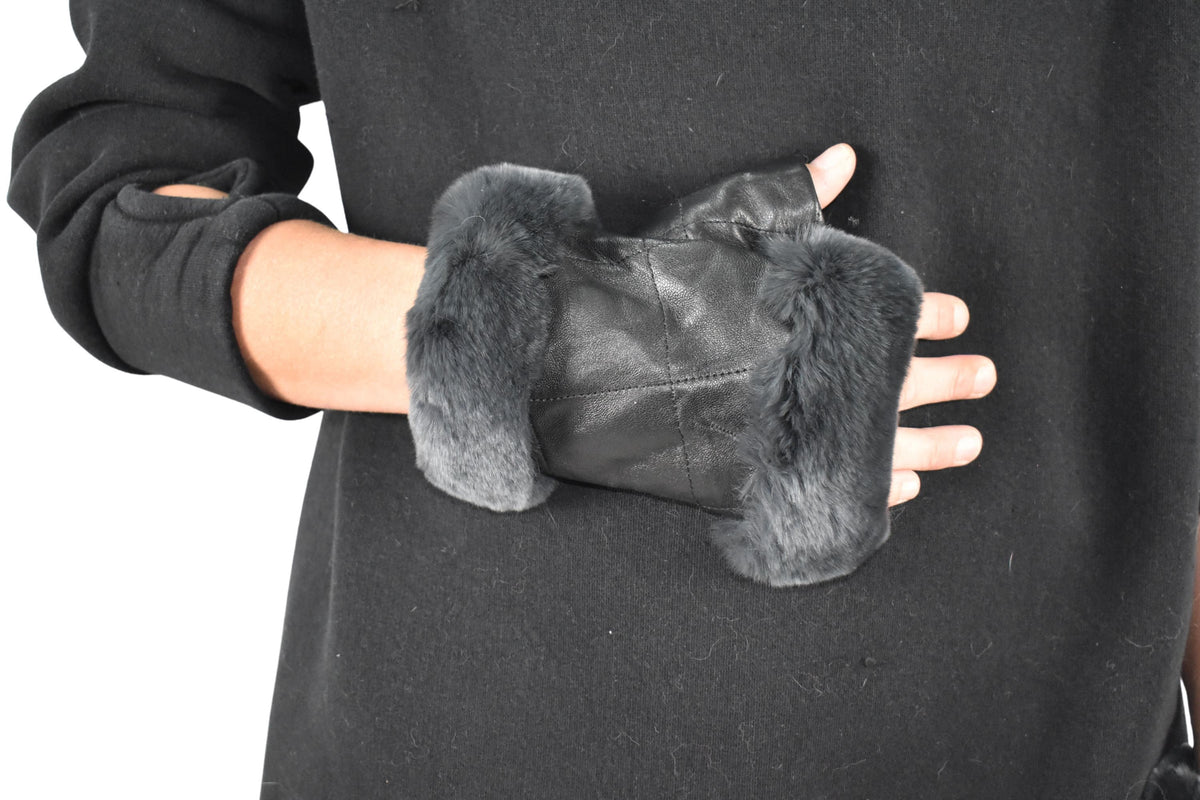 Leather Gloves  | Genuine Leather Gloves  | Women Gloves  | Rex rabbit Fur  Gloves | Black  Gloves | Valentine Gift