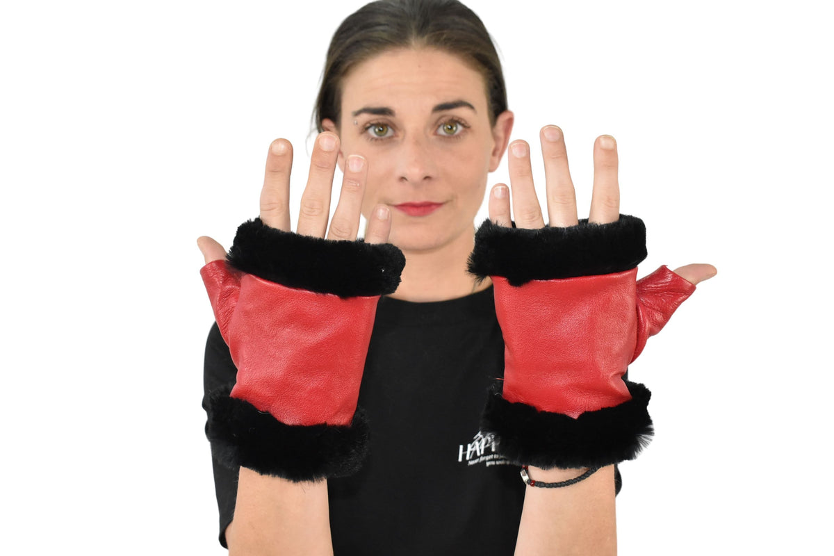 Geniune Leather Gloves | Red Leather Fingerless Gloves | Warm & Cozy Winter Gift for Her