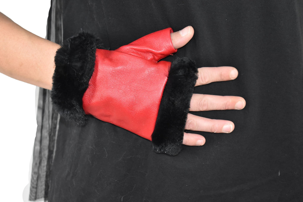 Geniune Leather Gloves | Red Leather Fingerless Gloves | Warm & Cozy Winter Gift for Her