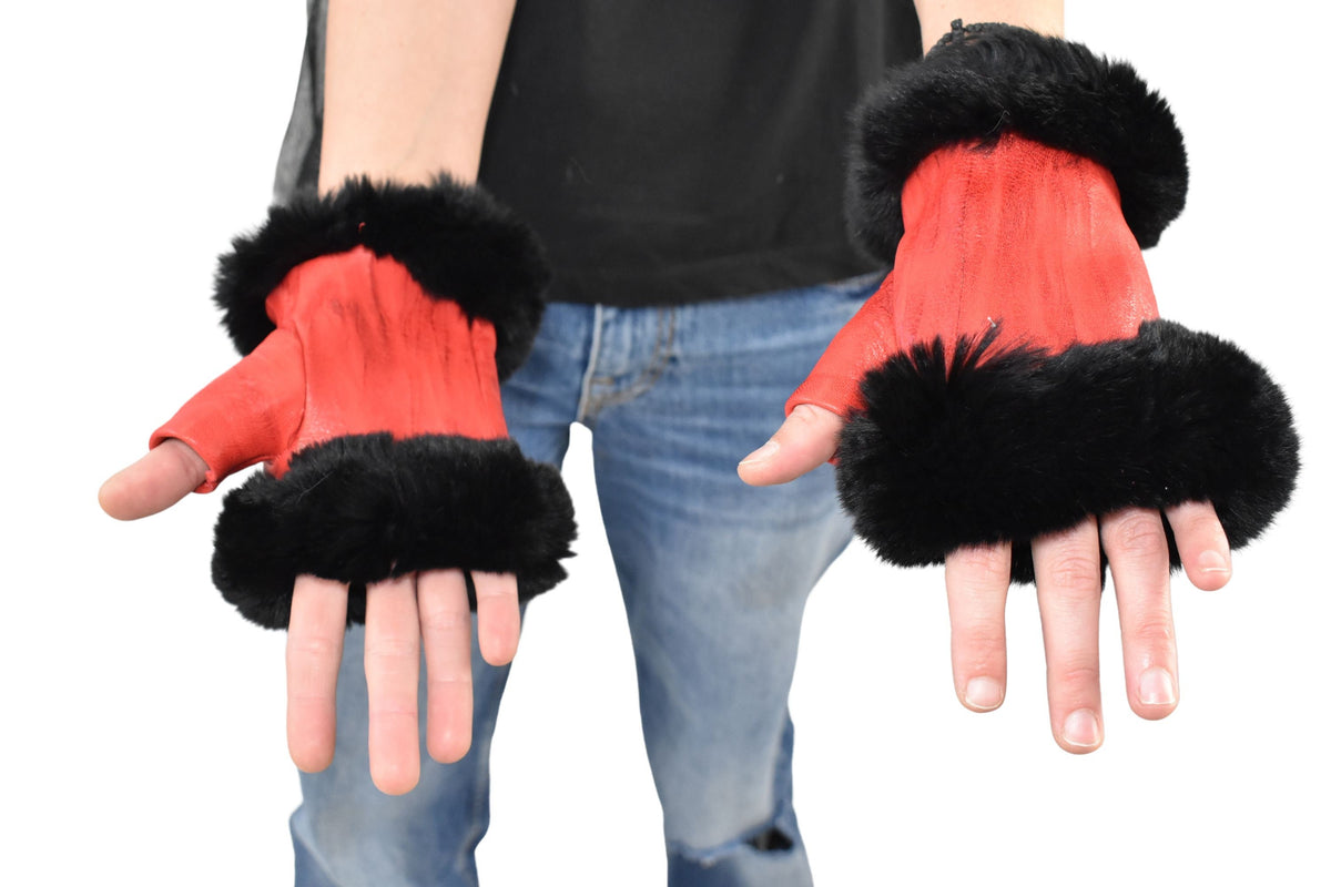 Red Leather Fingerless Gloves | Geniune Leather Gloves | Warm & Cozy Winter Gift for Her