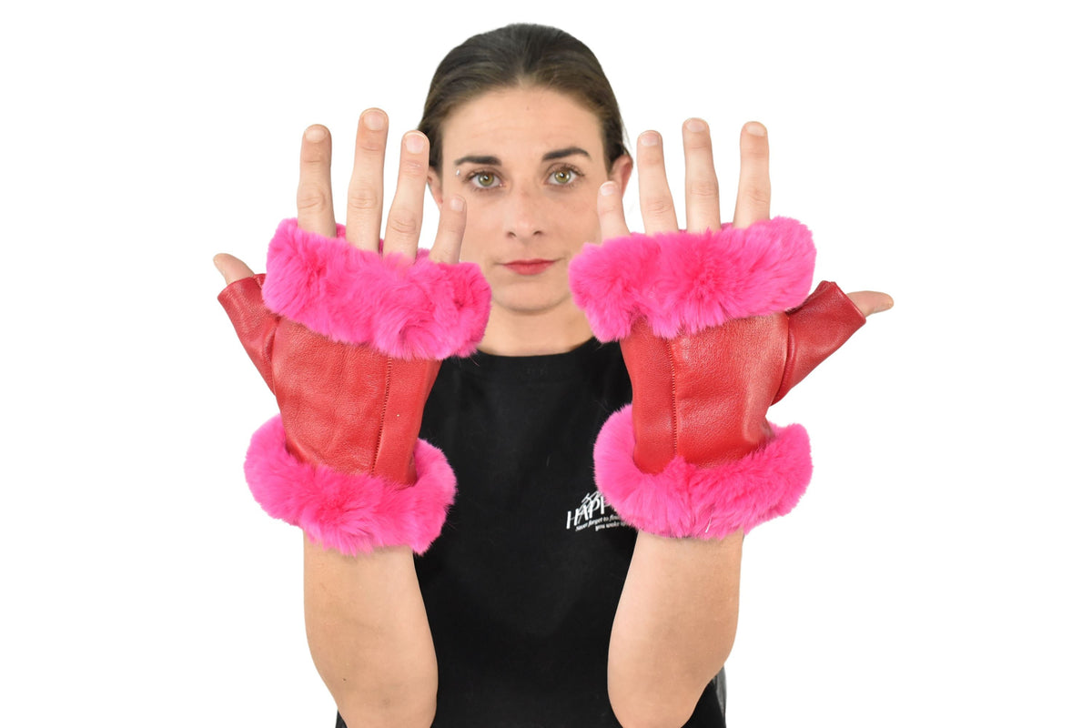 Geniune Leather Gloves | Red Leather Fingerless Gloves |  Warm & Cozy Winter Gift for Her