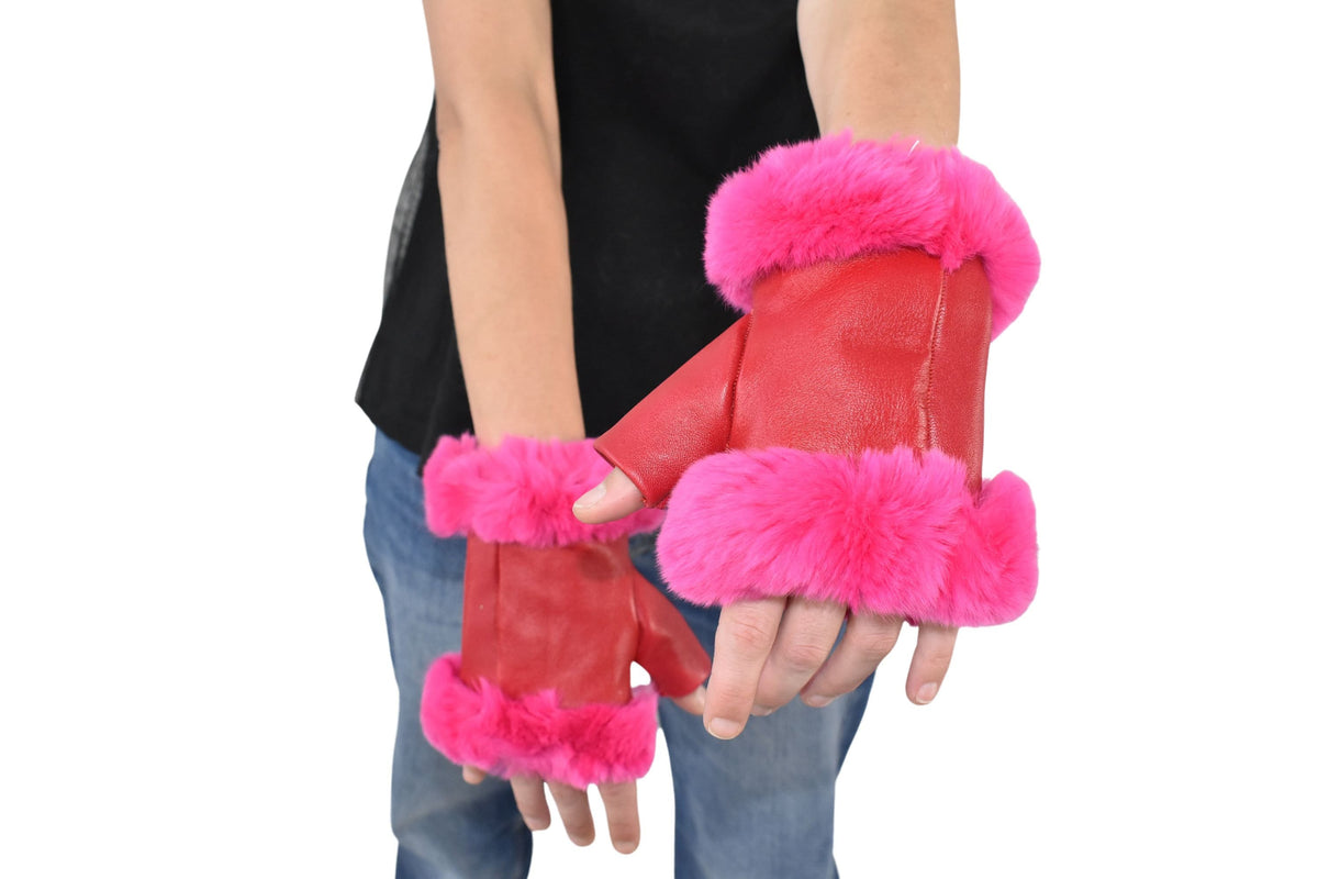 Geniune Leather Gloves | Red Leather Fingerless Gloves |  Warm & Cozy Winter Gift for Her
