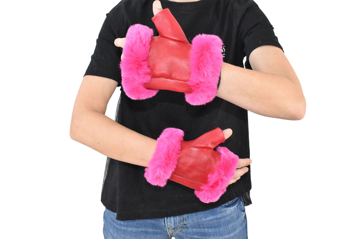 Geniune Leather Gloves | Red Leather Fingerless Gloves |  Warm & Cozy Winter Gift for Her