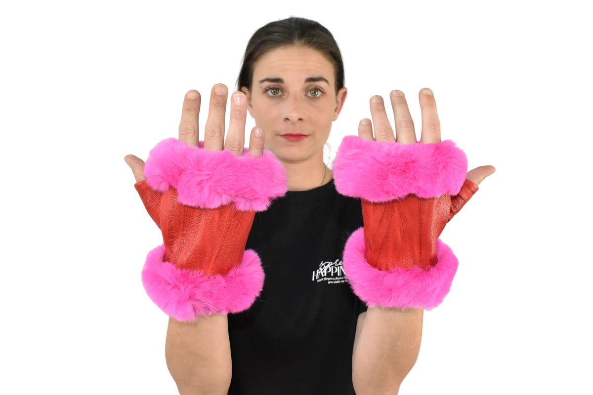Natural Leather Gloves | Red Leather Fingerless Gloves |  Warm & Cozy Winter Gift for Her