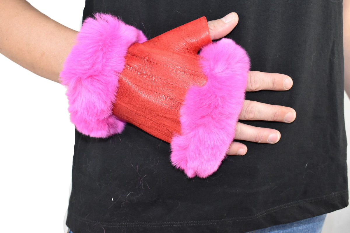 Natural Leather Gloves | Red Leather Fingerless Gloves |  Warm & Cozy Winter Gift for Her