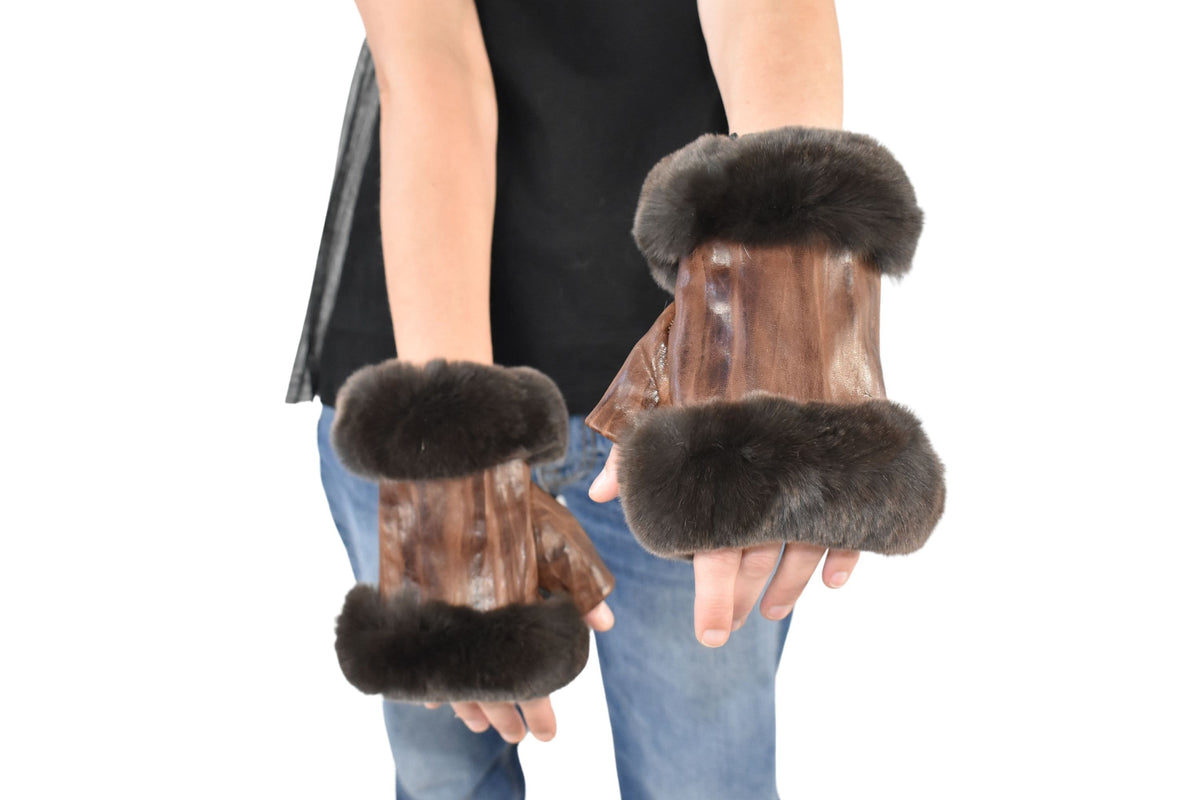 Brown Leather Fingerless Gloves | Geniune Leather Gloves | Warm & Cozy Winter Gift for Her
