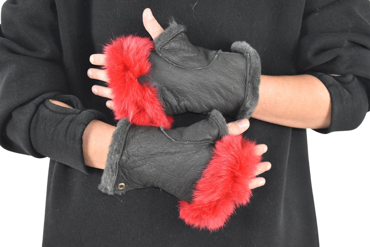 Shearling fur gloves ,Fingerless Gloves |  leather gloves , sheepskin with rabbit gloves ,fur gloves