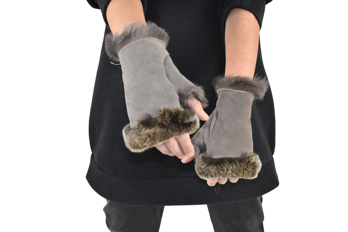 christmas gift Fingerless Gloves | Shearling fur gloves  |  leather gloves , sheepskin with rabbit gloves ,fur gloves