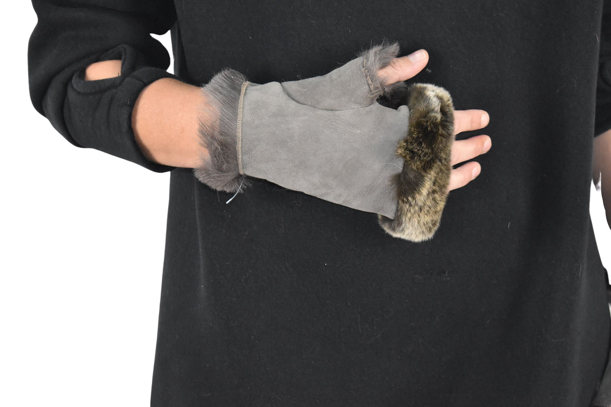 christmas gift Fingerless Gloves | Shearling fur gloves  |  leather gloves , sheepskin with rabbit gloves ,fur gloves