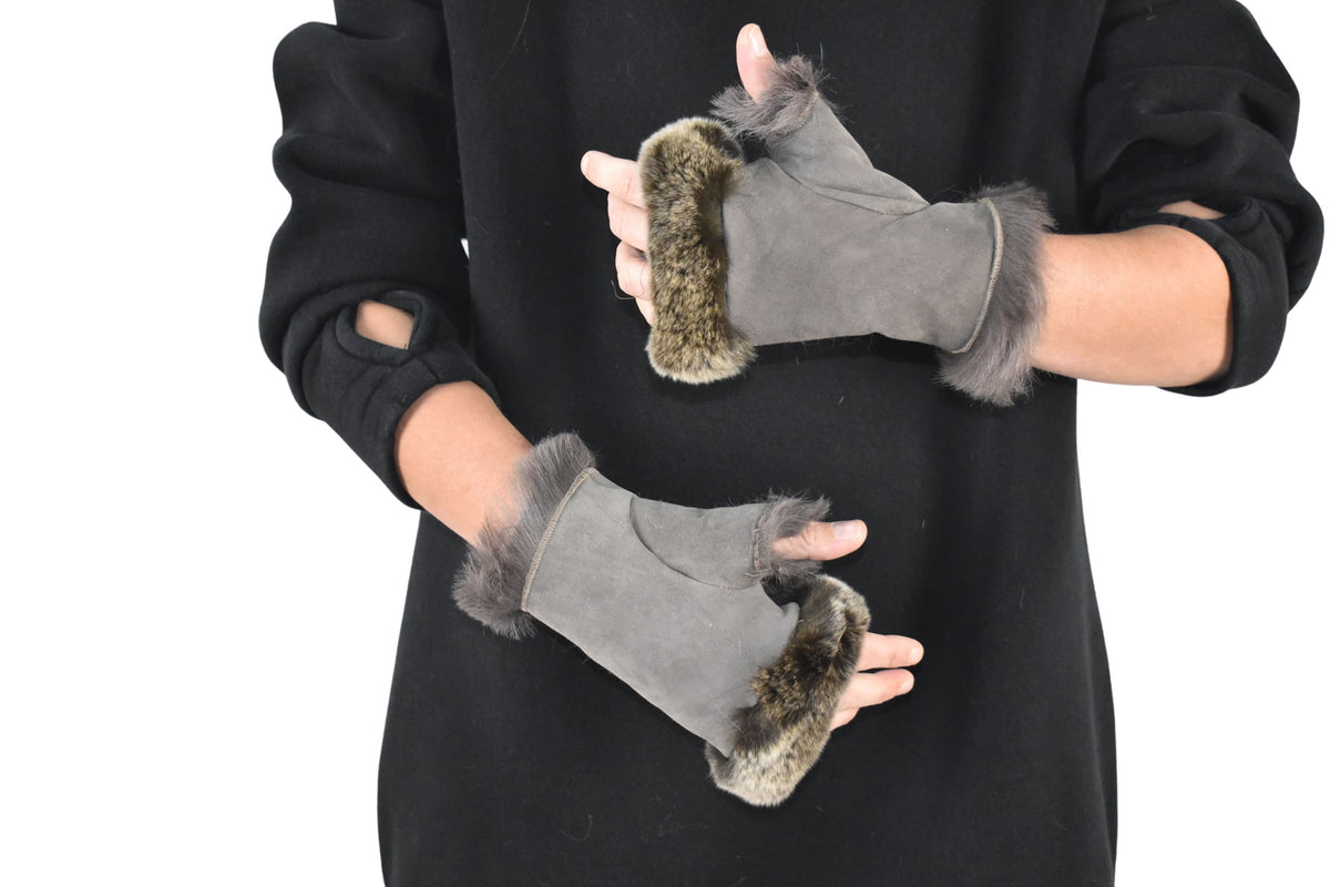 christmas gift Fingerless Gloves | Shearling fur gloves  |  leather gloves , sheepskin with rabbit gloves ,fur gloves