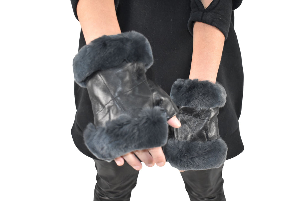 Leather Gloves  | Genuine Leather Gloves  | Women Gloves  | Rex rabbit Fur  Gloves | Black  Gloves | Valentine Gift