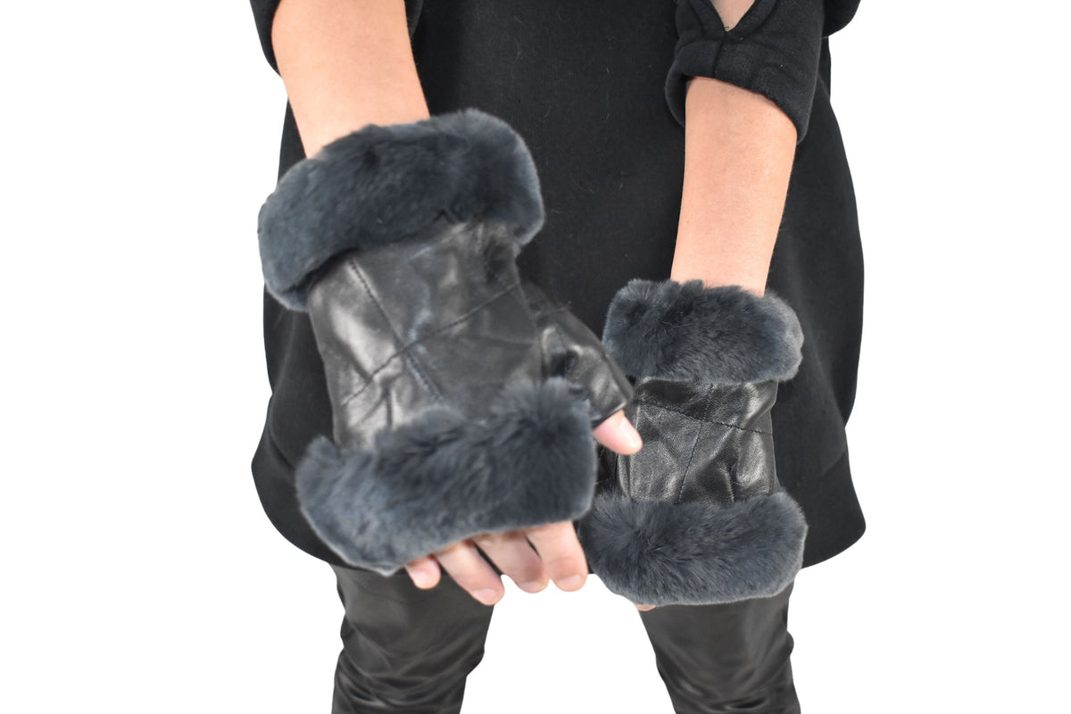 Leather Gloves  | Genuine Leather Gloves  | Women Gloves  | Rex rabbit Fur  Gloves | Black  Gloves | Valentine Gift