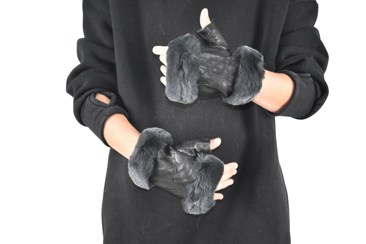 Leather Gloves  | Genuine Leather Gloves  | Women Gloves  | Rex rabbit Fur  Gloves | Black  Gloves | Valentine Gift