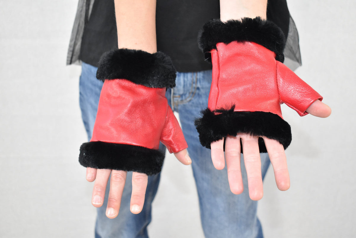 Geniune Leather Gloves | Red Leather Fingerless Gloves | Warm & Cozy Winter Gift for Her