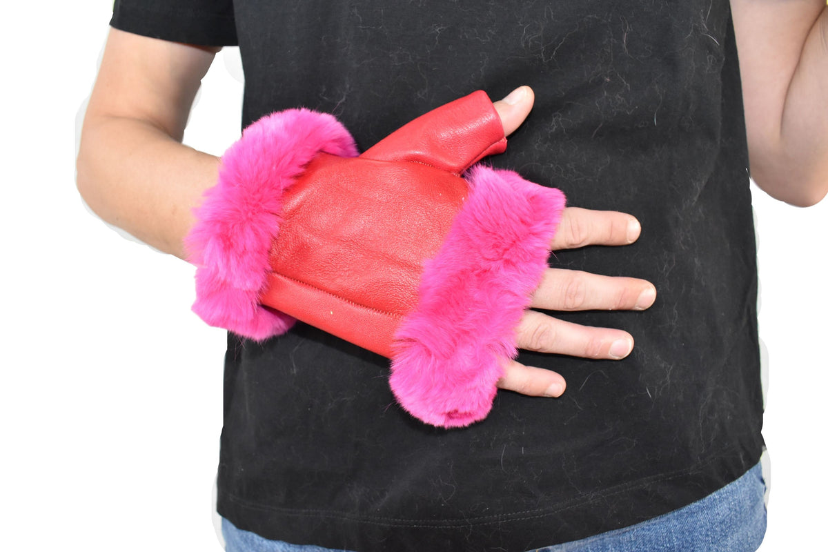 Geniune Leather Gloves | Red Leather Fingerless Gloves |  Warm & Cozy Winter Gift for Her