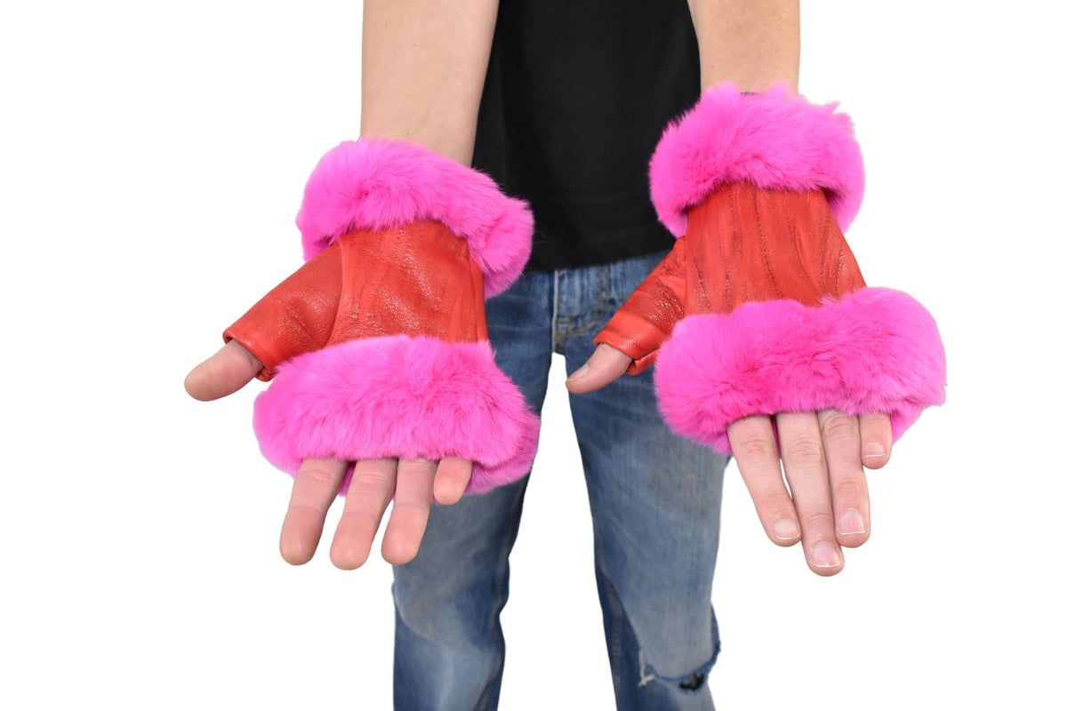 Natural Leather Gloves | Red Leather Fingerless Gloves |  Warm & Cozy Winter Gift for Her