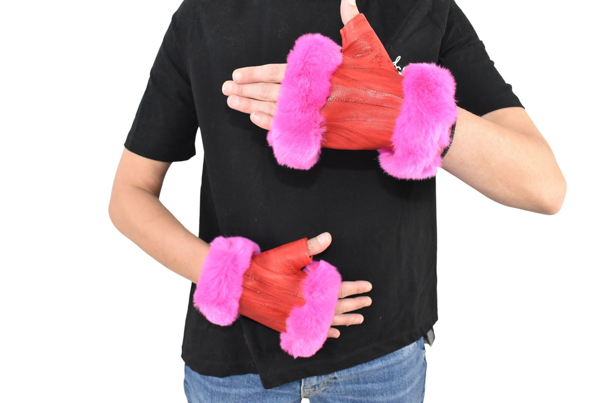 Natural Leather Gloves | Red Leather Fingerless Gloves |  Warm & Cozy Winter Gift for Her